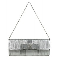 Evening Bag - 12 PCS - Pleated Clutch w/ Metal Mesh Accent Bow Flap - Silver - BG-92055S